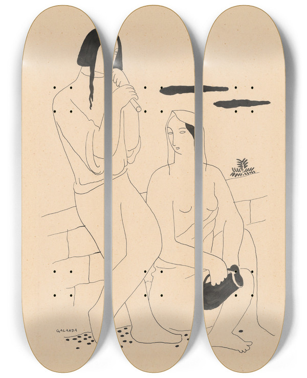 Triptych art skateboard deck of Mikul Galanda Lovers Song Pastorale by Mikulas Galanda (1895-1938)