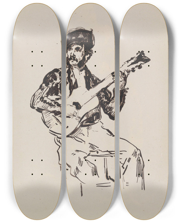 Triptych art skateboard deck of James Ensor The Guitarist by James Ensor (1860-1949)