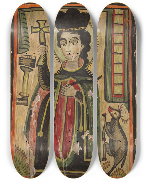 Triptych art skateboard deck of Majel G Claflin Retablo St Procopio by Majel G Claflin (1893-1941)