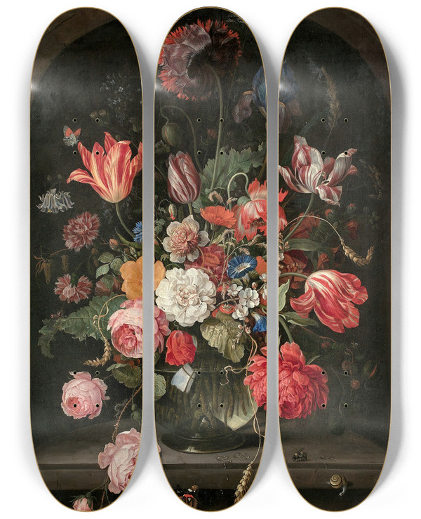 Triptych art skateboard deck of Hendrik Schoock Vase De Fleurs Dans Une Niche by Hendrik Schoock (1630-1707)