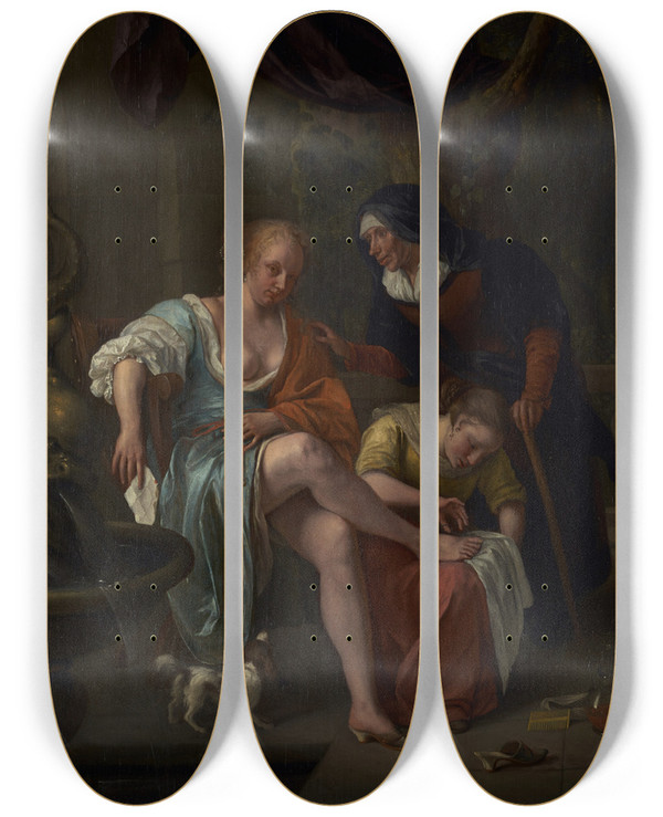 Triptych art skateboard deck of Jan Steen Bathsheba After The Bath by Jan Steen (1626-1679)