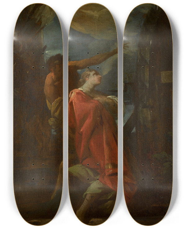 Triptych art skateboard deck of Antonio Gonzlez Velzquez The Martyrdom Of Saint Catherine by Antonio Gonzalez Velazquez (1723-1794)