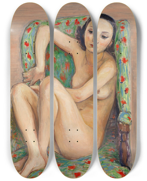 Triptych art skateboard deck of Nils Dardel Model In A Green Chair by Nils Dardel (1888-1943)