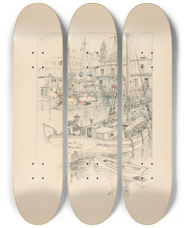 Triptych art skateboard deck of Charles Frederick William Mielatz Oyster Market West Street by Charles Frederick William Mielatz (1864-1919)