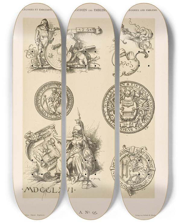 Triptych art skateboard deck of Albert Ilg Allegorien Und Embleme Vol Ii Pl105 by Albert Ilg (1847-1896)