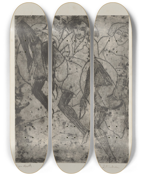 Triptych art skateboard deck of Ernst Ludwig Kirchner Hamburger Tnzerinnen by Ernst Ludwig Kirchner (1880-1938)