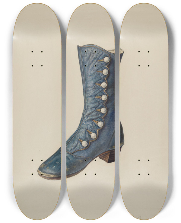 Triptych art skateboard deck of Jean Peszel Childs Shoe by Jean Peszel