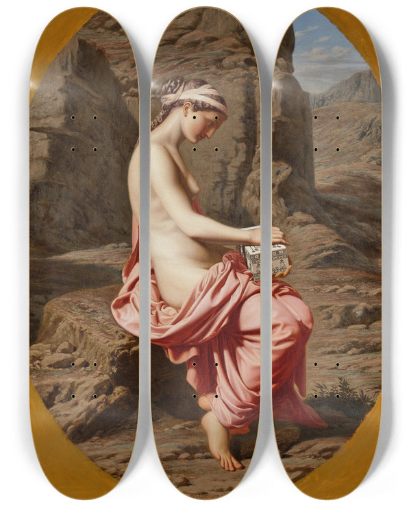 Triptych art skateboard deck of Paulcsaire Gariot Pandoras Box by Paul-Csaire Gariot