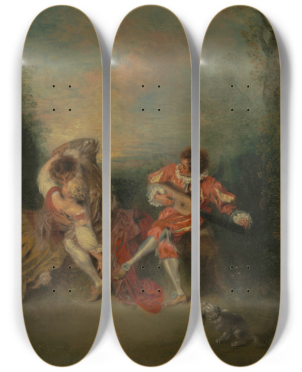 Triptych art skateboard deck of Jeanantoine Watteau La Surprise by Jean-Antoine Watteau (1684-1721)