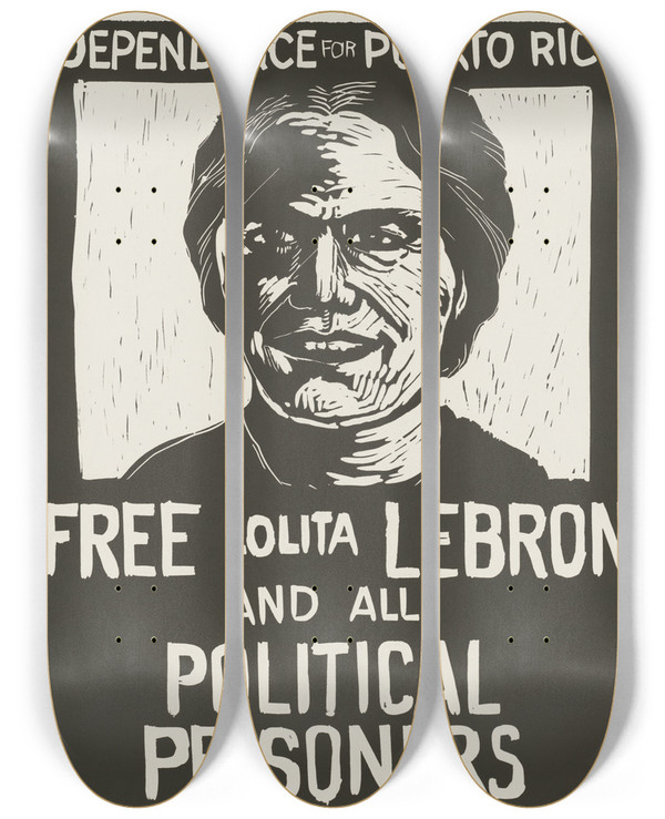 Triptych art skateboard deck of Rachael Romero Free Lolita Lebron And All Political Prisoners by Rachael Romero (1953)