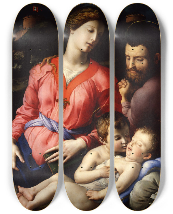 Triptych art skateboard deck of Agnolo Bronzino The Panciatichi Holy Family by Agnolo Bronzino (1503-1572)