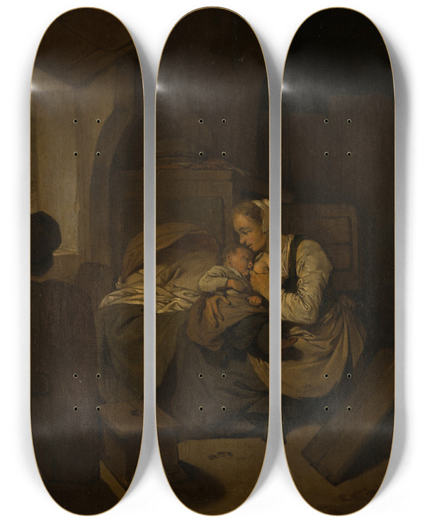 Triptych art skateboard deck of Cornelis Pietersz Bega Interior With Nursing Mother by Cornelis Pietersz Bega (1631-1664)