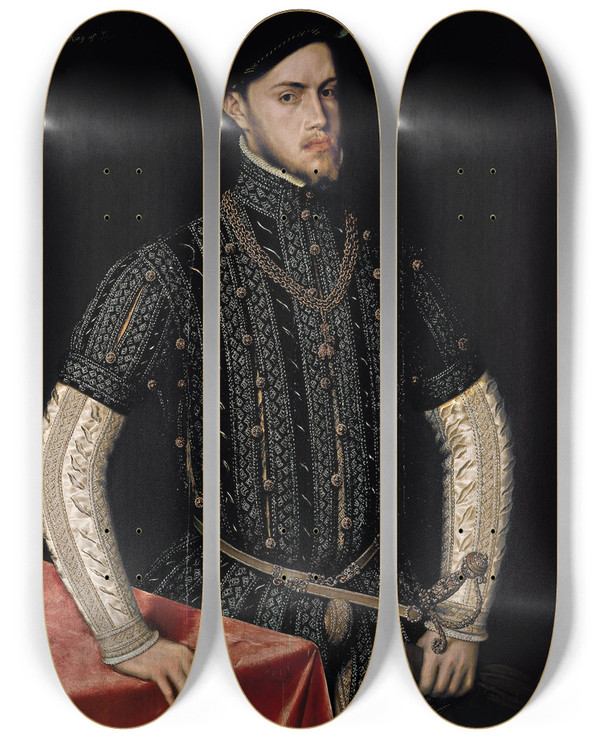 Triptych art skateboard deck of Antonis Mor Portrait Of Philip Ii by Antonis Mor (1517-1577)