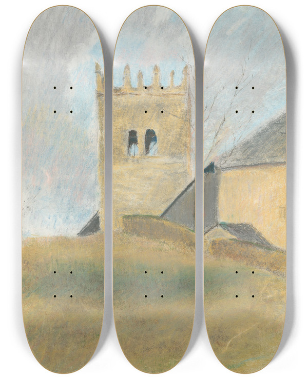 Triptych art skateboard deck of Ladislav Mednynszky Belfry In Strky by Ladislav Mednyanszky (1852-1919)