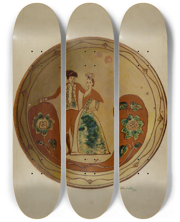 Triptych art skateboard deck of Eugene Shellady Pa German Pie Plate by Eugene Shellady
