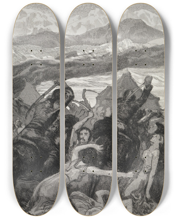 Triptych art skateboard deck of Max Klinger Einbruch Zelt Opus Xiv 1 Teil Nr 14 by Max Klinger (1857-1920)