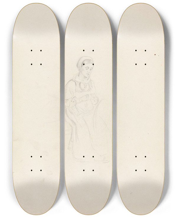 Triptych art skateboard deck of Adolph Tidemand Jente Som Spinner Numedal by Adolph Tidemand (1814-1876)