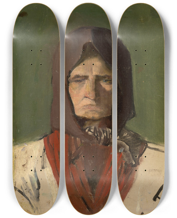 Triptych art skateboard deck of Ladislav Mednynszky Head Of A Villager In A Dark Scarf by Ladislav Mednyanszky (1852-1919)