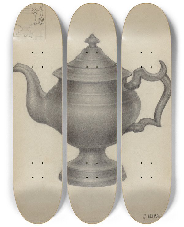 Triptych art skateboard deck of Arsen Maralian Pewter Teapot by Arsen Maralian
