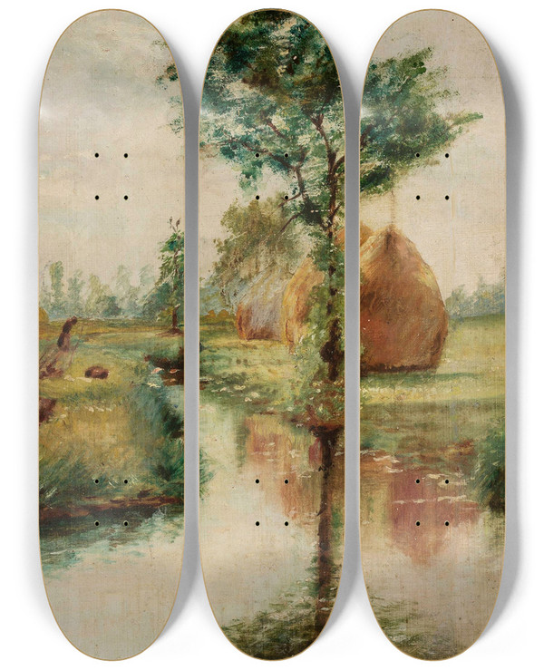 Triptych art skateboard deck of Wadysaw Podkowiski Haystacks At A Stream by Wladyslaw Podkowinski (1866-1895)