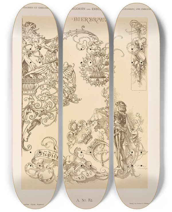 Triptych art skateboard deck of Albert Ilg Allegorien Und Embleme Vol Ii Pl092 by Albert Ilg (1847-1896)