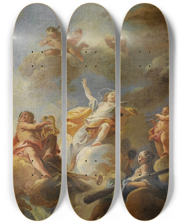 Triptych art skateboard deck of Franz Anton Maulbertsch Triumph Of The Arts by Franz Anton Maulbertsch (1724-1796)