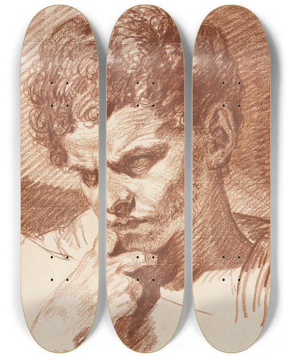 Triptych art skateboard deck of Jeanbaptiste Greuze Head Of Caracalla by Jean-Baptiste Greuze (1725-1805)