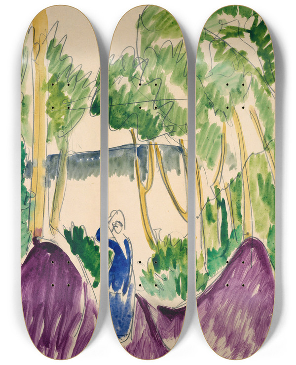 Triptych art skateboard deck of Ernst Ludwig Kirchner Woman In Dunes On Fehmarn by Ernst Ludwig Kirchner (1880-1938)