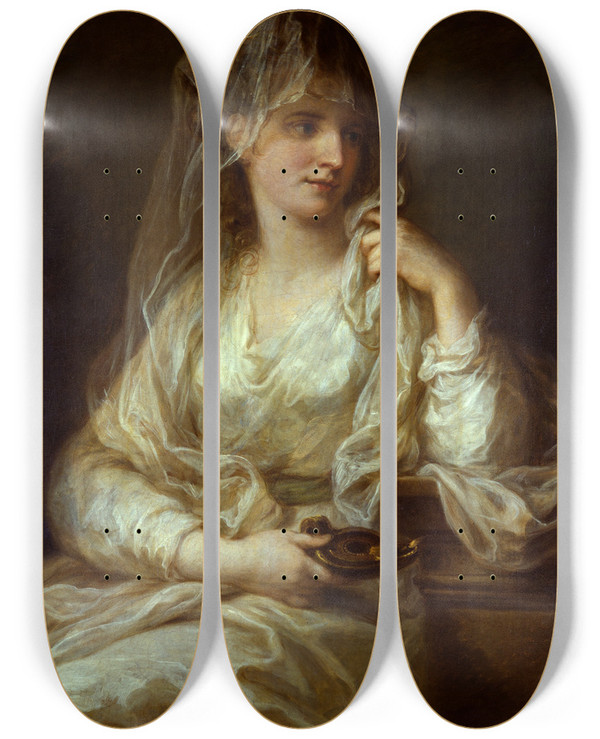 Triptych art skateboard deck of Angelica Kauffmann Portrait Of A Lady As A Vestal Virgin by Angelica Kauffmann (1741-1807)