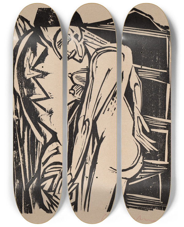Triptych art skateboard deck of Ernst Ludwig Kirchner Female Nude Before A Cabinet by Ernst Ludwig Kirchner (1880-1938)