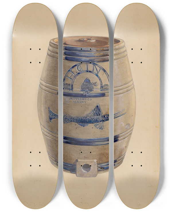 Triptych art skateboard deck of Charles Caseau Holland Gin Keg by Charles Caseau (1880)