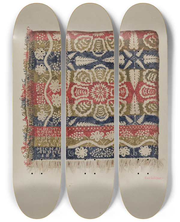 Triptych art skateboard deck of Eva Wilson Jacquard Coverlet by Eva Wilson