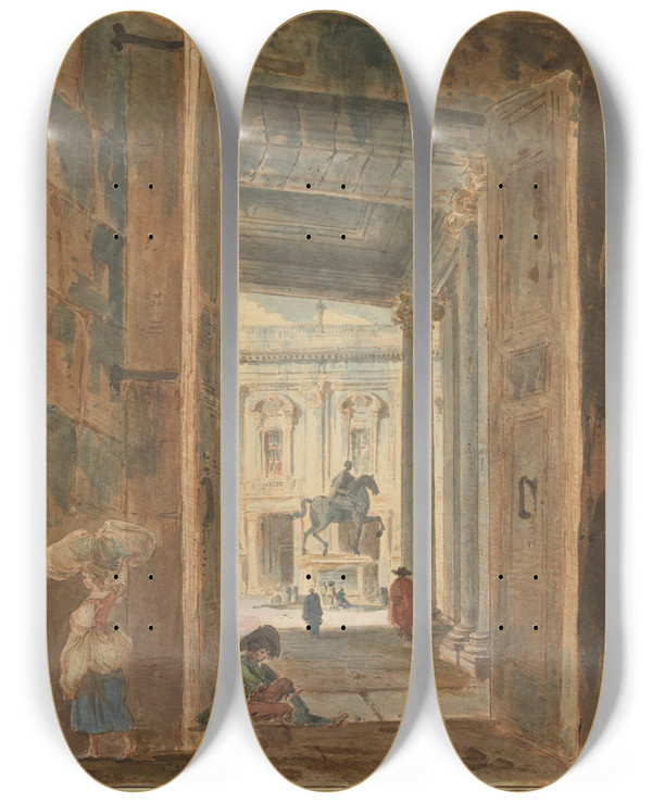 Triptych art skateboard deck of Hubert Robert View Of The Campidoglio With The Statue Of Marcus Aurelius by Hubert Robert (1733-1808)