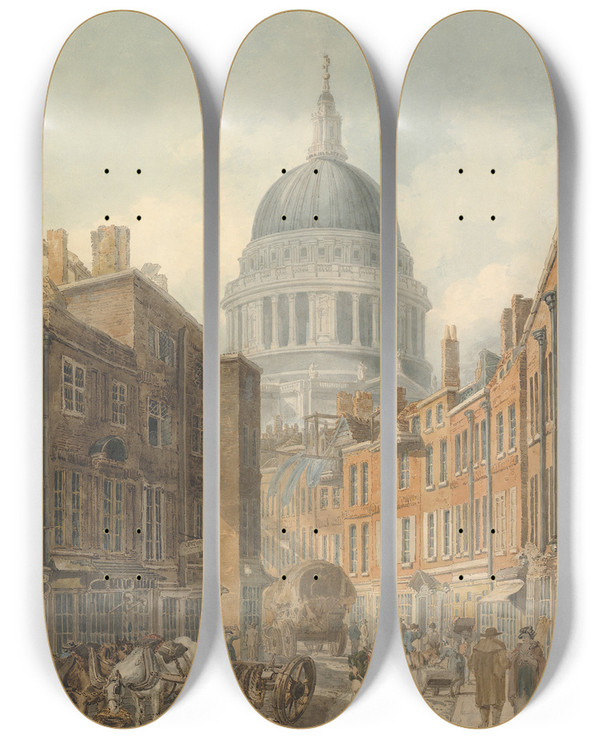 Triptych art skateboard deck of Thomas Girtin St Pauls Cathedral From St Martinslegrand by Thomas Girtin (1775-1802)
