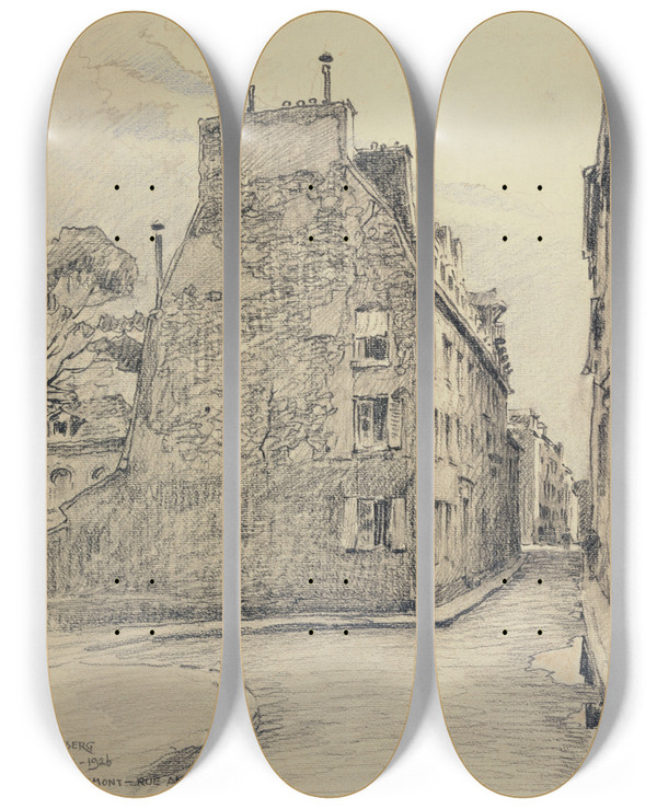 Triptych art skateboard deck of Ferdinand Boberg La Rue Lhomond Et La Rue Amyot by Ferdinand Boberg (1860-1946)