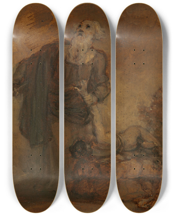 Triptych art skateboard deck of Robert Smirke Abraham And Isaac Abraham Grasping Isaacs Arm by Robert Smirke (1752-1845)