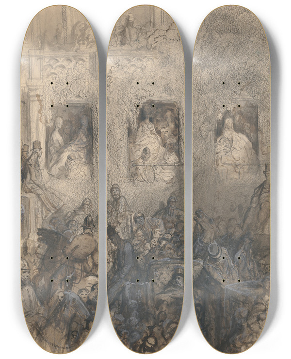 Triptych art skateboard deck of Gustave Dor Study For A Block On The Road by Gustave Dore (1832-1883)
