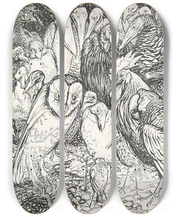 Triptych art skateboard deck of Arthur Rackham The Owl And The Birds by Arthur Rackham (1867-1939)