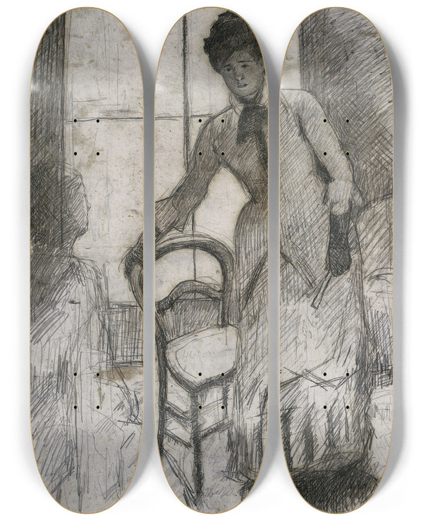 Triptych art skateboard deck of Mary Cassatt The Visitor Recto by Mary Cassatt (1844-1926)