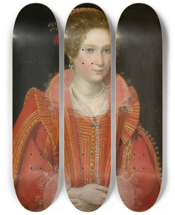 Triptych art skateboard deck of Ottavio Leoni Portrait Of A Lady Halflength Dressed In Pink by Ottavio Leoni (1578-1630)