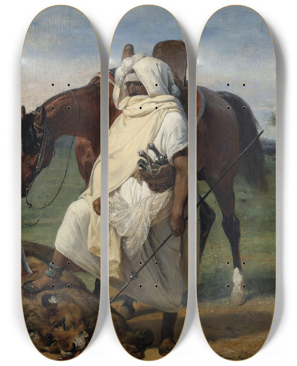 Triptych art skateboard deck of Horace Vernet The Lion Hunter by Horace Vernet (1789-1863)