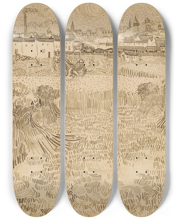 Triptych art skateboard deck of Vincent Van Gogh Arles View From The Wheatfields by Vincent van Gogh (1853-1890)