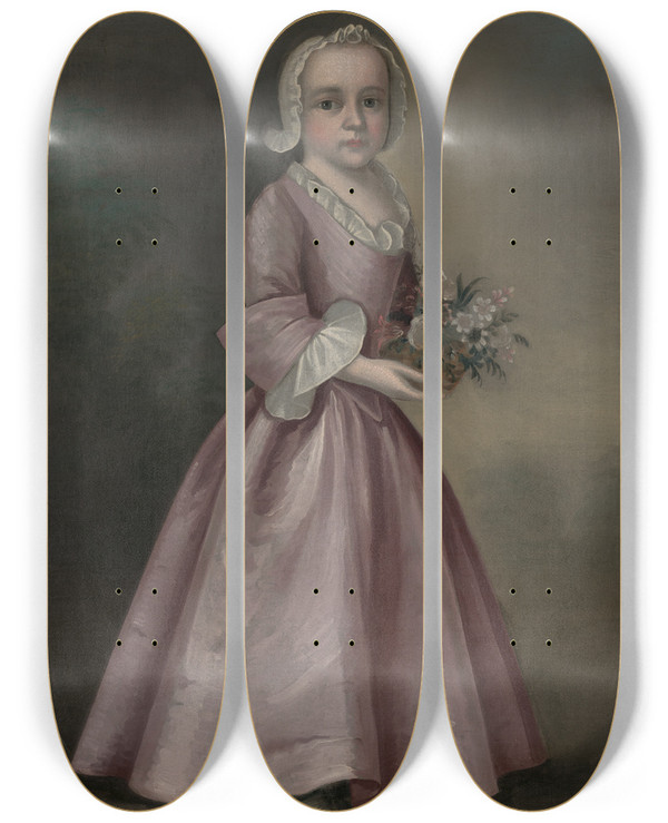 Triptych art skateboard deck of Joseph Badger Little Girl Holding Flowers by Joseph Badger (1708-1765)