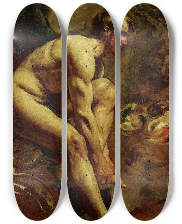 Triptych art skateboard deck of William Etty Male Nude_2 by William Etty (1787-1849)