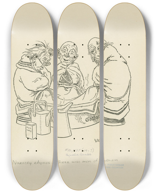 Triptych art skateboard deck of Leonard Leslie Brooke Three Wise Men Of Gotham 2 by Leonard Leslie Brooke (1862-1940)