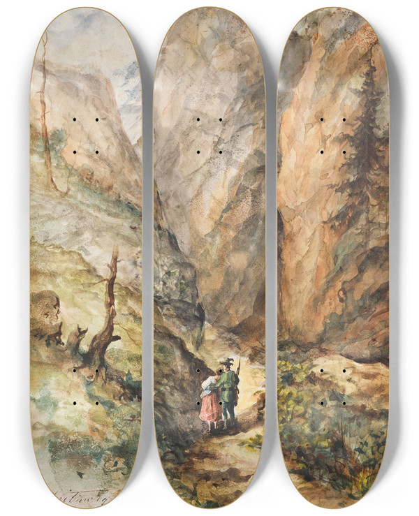 Triptych art skateboard deck of Carl Spitzweg Jger Und Mdchen by Carl Spitzweg (1808-1880)