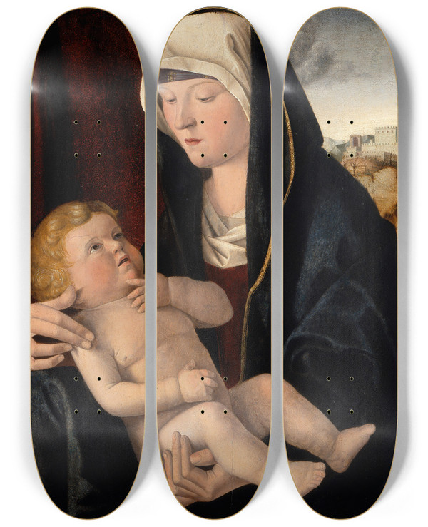 Triptych art skateboard deck of Giovanni Bellini Madonna And Child_4 by Giovanni Bellini (1426-1516)