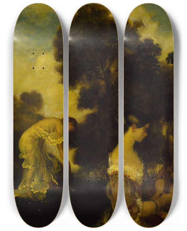 Triptych art skateboard deck of Arthur Bowen Davies Evensong by Arthur Bowen Davies (1862-1928)