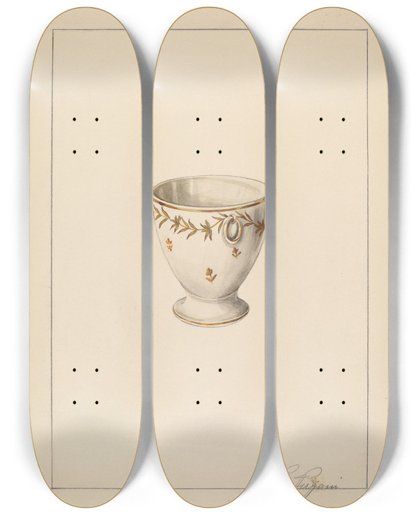 Triptych art skateboard deck of William Vergani Egg Cup by William Vergani