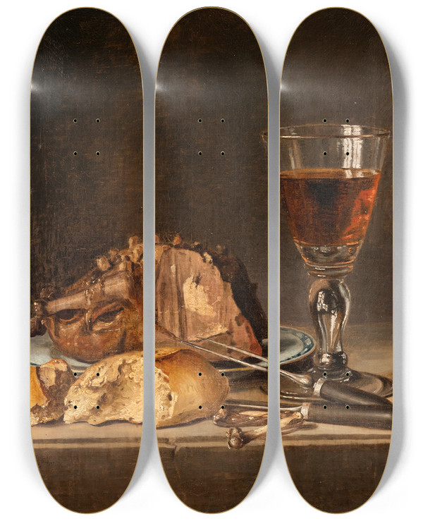 Triptych art skateboard deck of Pehr Hillestrm Still Life With Roast Fowl And Wineglass by Pehr Hillestrom (1732-1816)